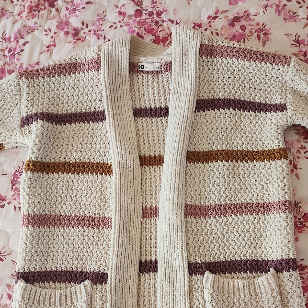 SO Women's Striped Cardigan - Cream, Pink, Brown Medium